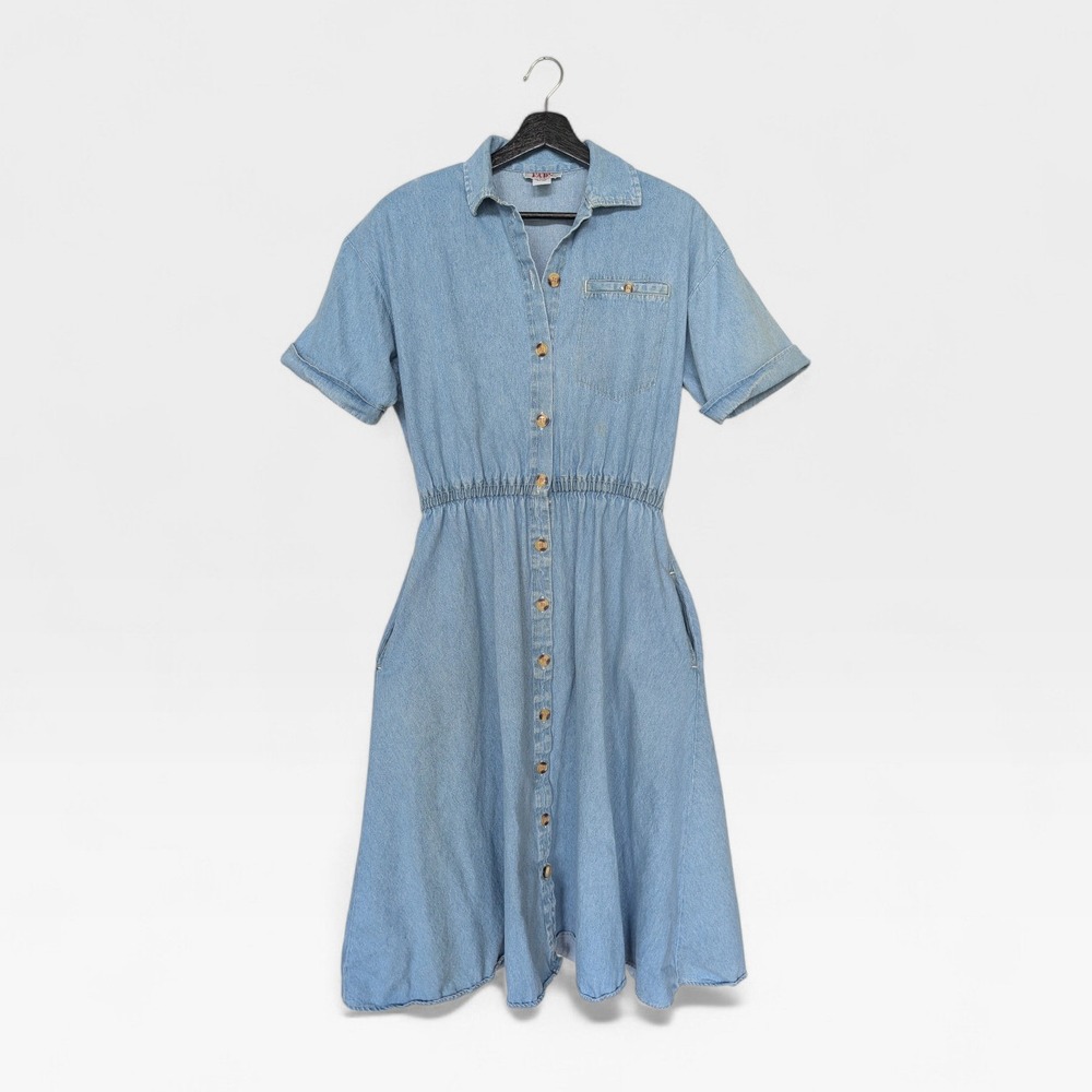 VTG FADS Denim Shirt Dress‎ Womens S Button Front Cotton Midi Casual